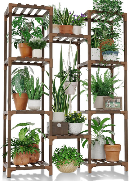 Bamworld Plant Stand Indoor Outdoor Hanging Plant Shelf for Multiple Plants Pots Wood Flower Stand Tall Large Flower Holder for Living Room, Patio, Balcony, Garden Decor, Brown