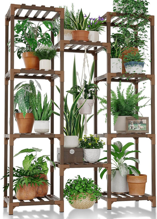 Bamworld Plant Stand Indoor Outdoor Hanging Plant Shelf for Multiple Plants Pots Wood Flower Stand Tall Large Flower Holder for Living Room, Patio, Balcony, Garden Decor, Brown