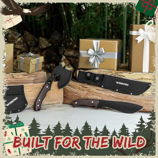 WORKPRO Axe and Fixed Blade Knife Combo Set, Full Tang, Wood Handle, for Outdoor Camping Survival Hunting Hiking, Nylon Sheath Included - PuriLite