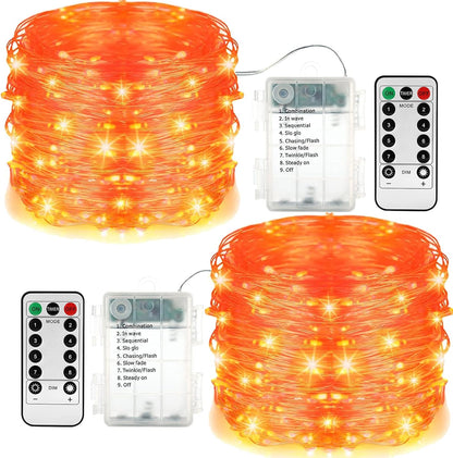 LYHOPE Orange Halloween Lights, 2 Pack 33ft 100 Led Battery Operated Halloween Lights, Waterproof 8 Modes with Remote Copper Wire String Lights for Halloween Holiday Party Carnival Decorations