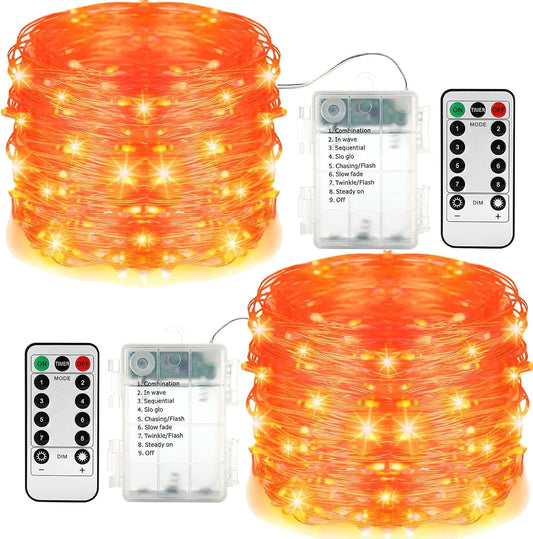 LYHOPE Orange Halloween Lights, 2 Pack 33ft 100 Led Battery Operated Halloween Lights, Waterproof 8 Modes with Remote Copper Wire String Lights for Halloween Holiday Party Carnival Decorations