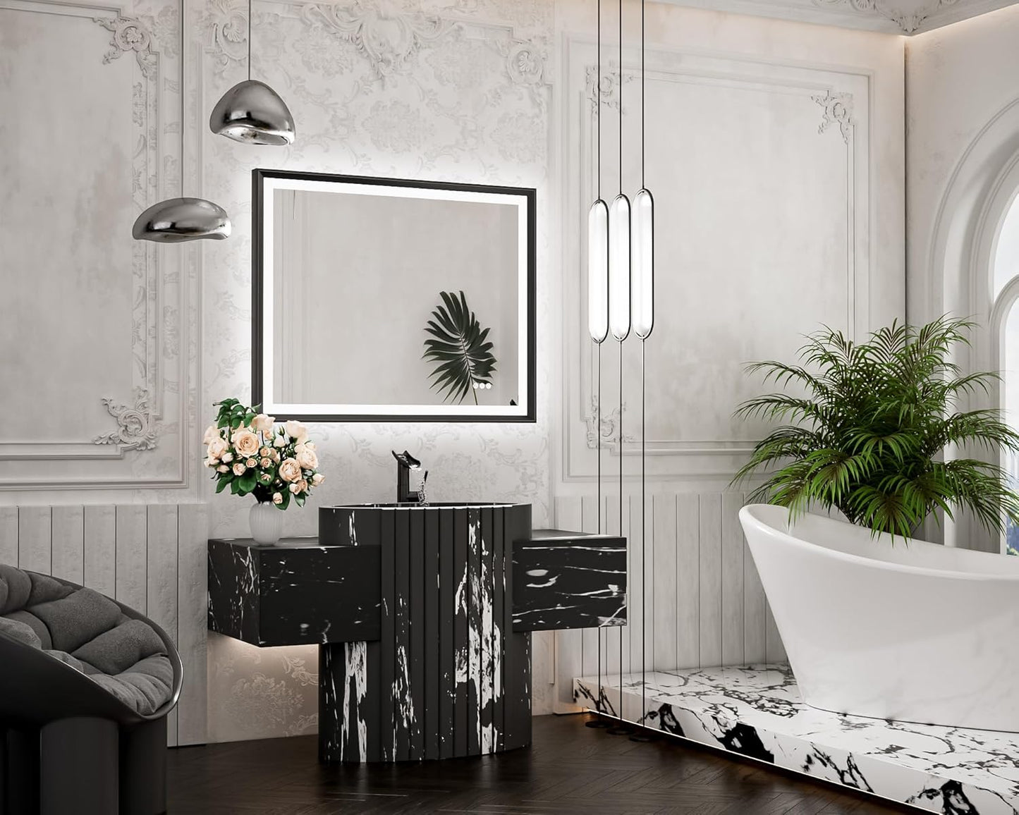 TETOTE 28x36 LED Mirror for Bathroom Black Metal Frame Frontlit & Backlit Lighted Vanity Mirror Baroque Gothic Anti Fog Stepless Dimmable White/Warm/Natural,Wall Mounted(Horizontal/Vertical)