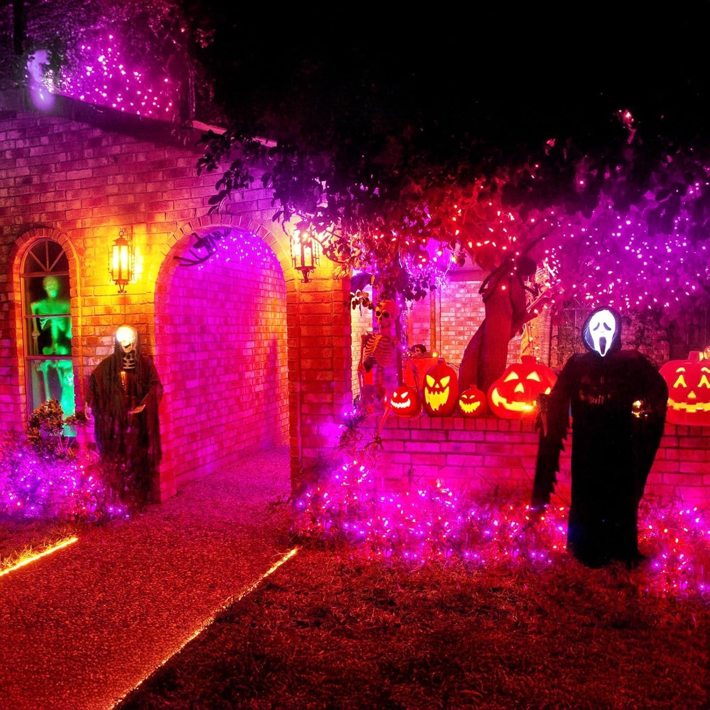 Haili Halloween Lights Outdoor, 105 FT 300 LED Halloween String Lights with Memory Function, Plug in 8 Mode String Lights for Halloween,Christmas,Party, Patio, House Decoration (Purple Orange)