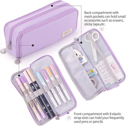 Big Capacity Pencil Case, OLIYuMi 3 Compartment Pencil Pouch Pencil Bag Storage Box Stationery Organizer Makeup Bag with Zipper Closure for Student Office College Boys and Girls (Pink)