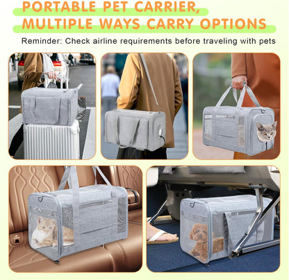 Qoosea Pet Carrier, Suitable for Small Medium Cat Dog Puppy, Soft-Sided Collapsible, Ventilated Windows, Portable Travel Cat Dog Bag (Grey)