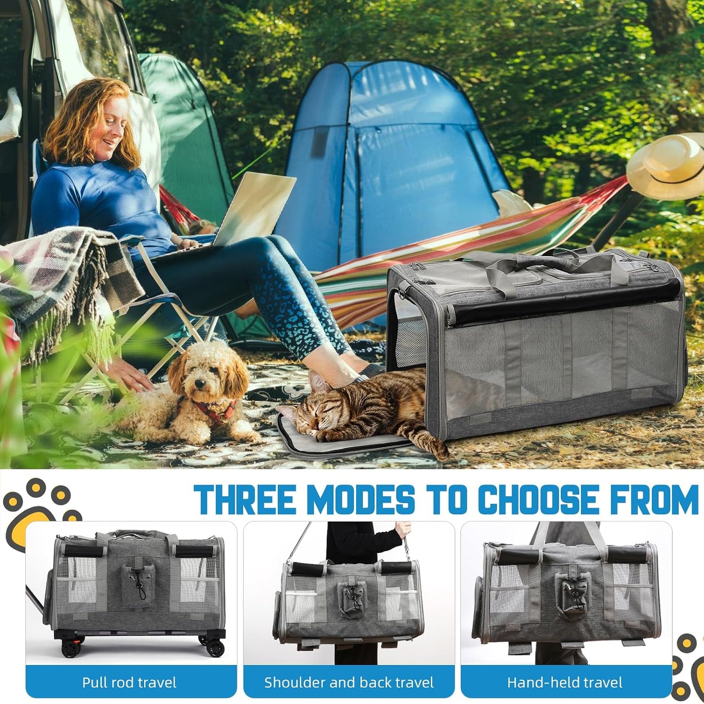 Foldable Large Pet Carrier with Wheels—Accommodates Two Pets, Includes cat Toy and Storage Strap. Breathable and Portable, Ideal for Hiking, Camping, and Travel (Gray)