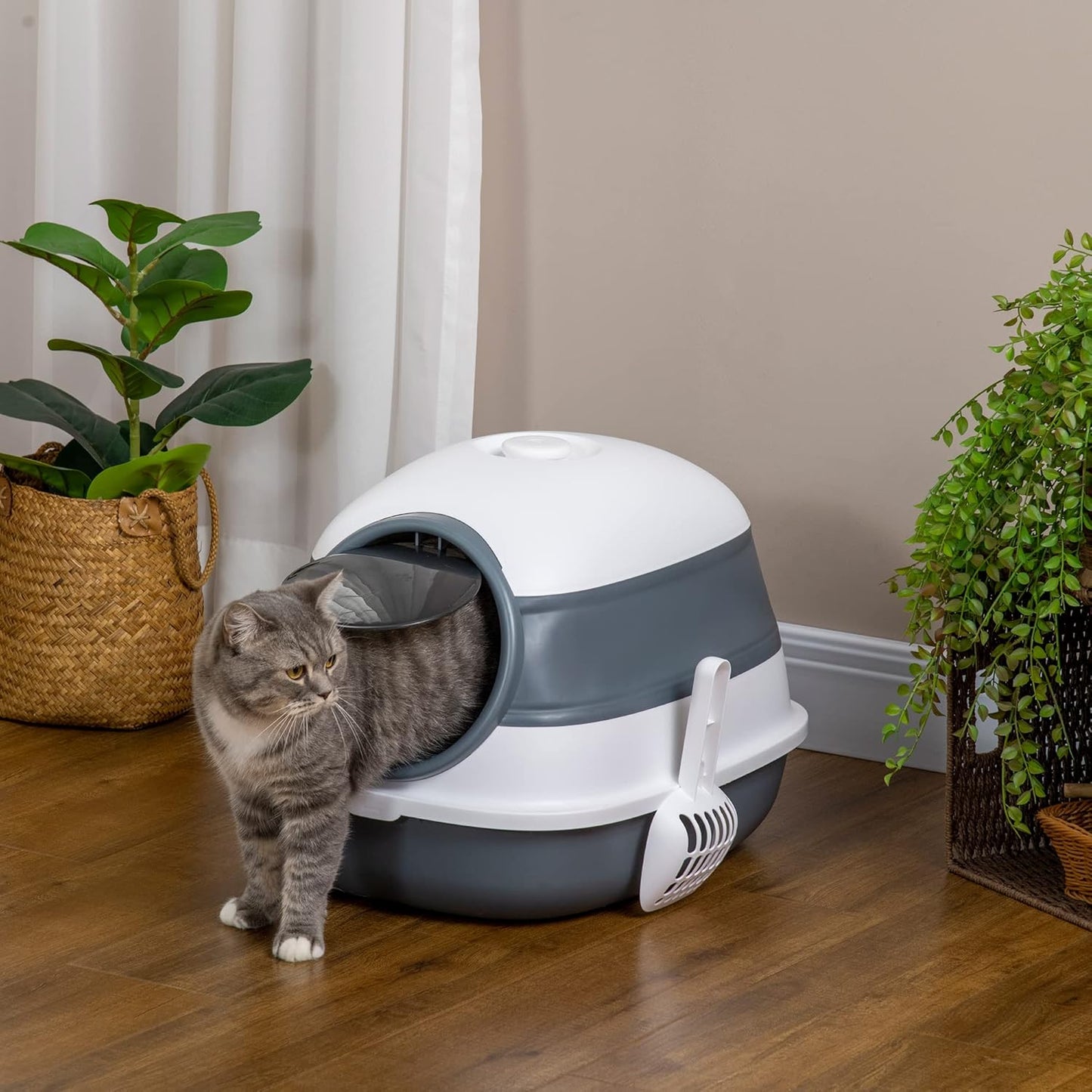 PawHut Foldable Large Cat Litter Box with Lid, Covered Kitten Litter Box w/Automatic Cat Litter-Proof Sides, Deodorization, Easy to Clean, White and Grey