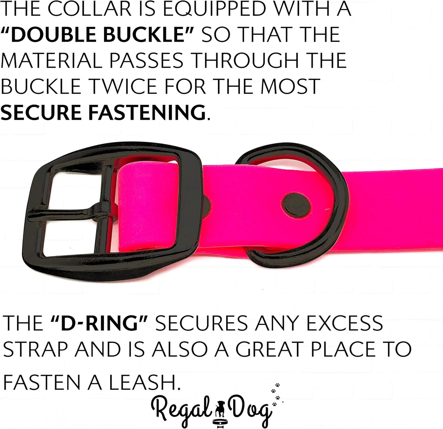 Regal Dog Products Large Pink Waterproof Hunting Dog Collar with Heavy Duty Black Hardware Buckle & D Ring | Custom Fit Vinyl-Coated Webbing Water Resistant Collar for Small, Medium & Large Dogs