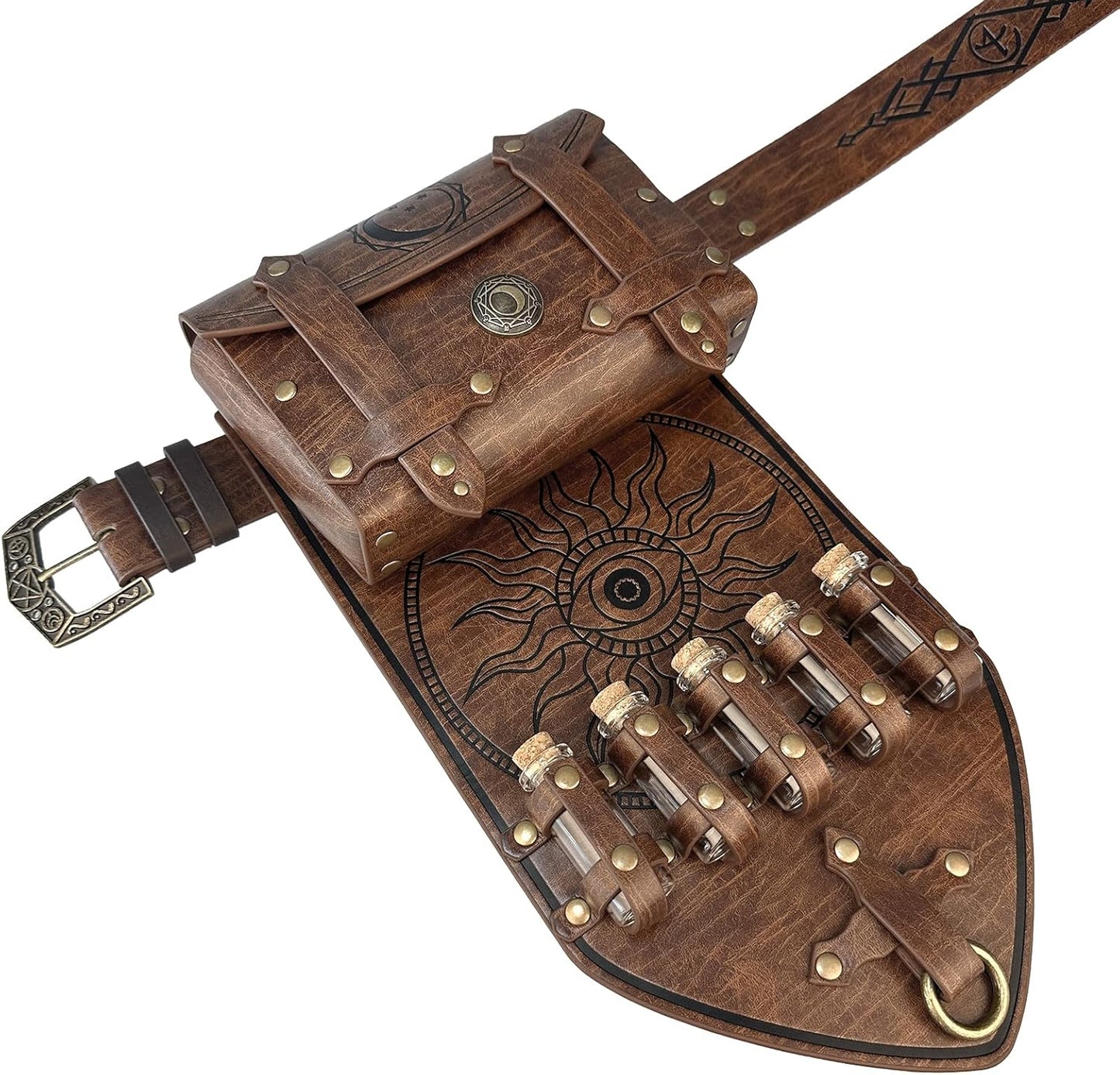 HiiFeuer 3PCs Medieval Alchemy Faux Leather Belt Bag Set with 5 Cork Potion Vials, Fantasy Embossed Wizard Halloween Belt(Brown A)