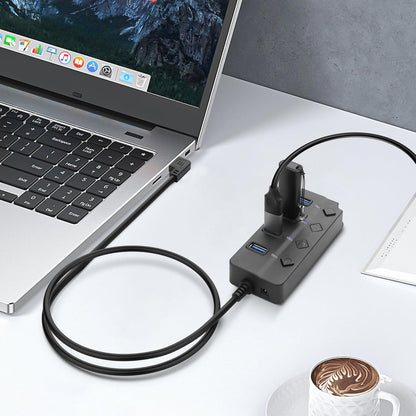90 Degree USB Hub Splitter YACSEJAO USB 2.0 Data Hub with Individual LED Button On/Off Switch DC5.5 * 2.1 Power Port for Laptop,PC Computer (7 Ports, 0.3M)