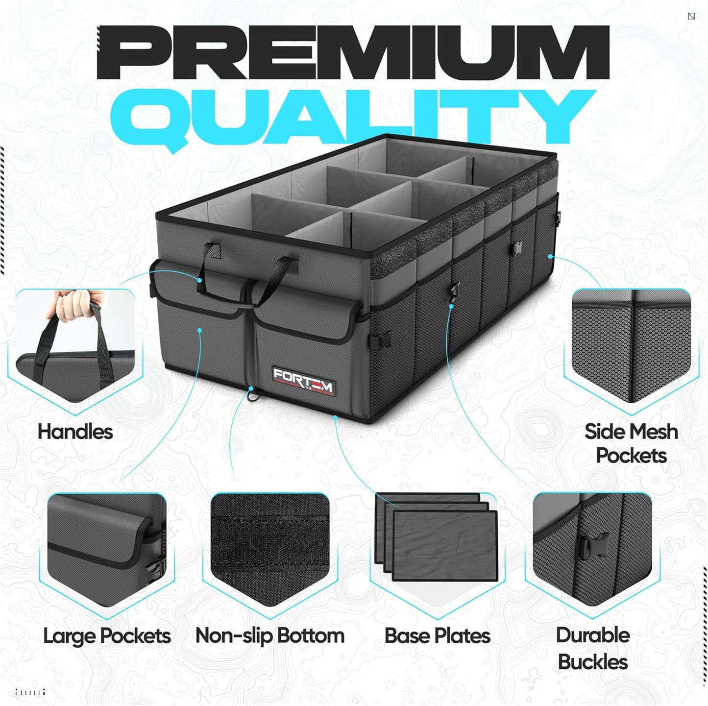 FORTEM Car Trunk Organizer, Collapsible Multi Compartment Car Organizer, Foldable SUV Storage for Car Accessories for Women Men, Non Slip Bottom, Securing Straps, Soft Cover 50L (Black, Standard)