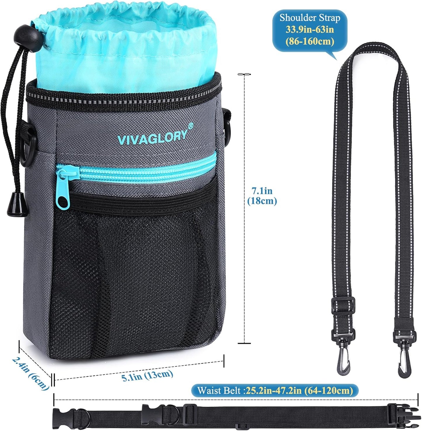 VIVAGLORY Dog Training Treat Pouch, 4Ways to Wear Dog Treat Bags, Built in Dog Waste Bag Dispenser Treats Training Bags with Reflective Adjustable Shoulder Strap, Black