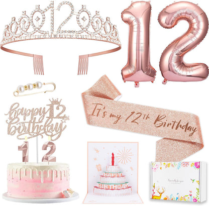 8pcs 40th Birthday Decorations gifts for Women, Including 40th Happy Birthday Cake Topper, Queen Sash with Pearl Pin, Sweet Rhinestone Tiara Crown for Women, Number Candles and Balloons (Rose Gold)