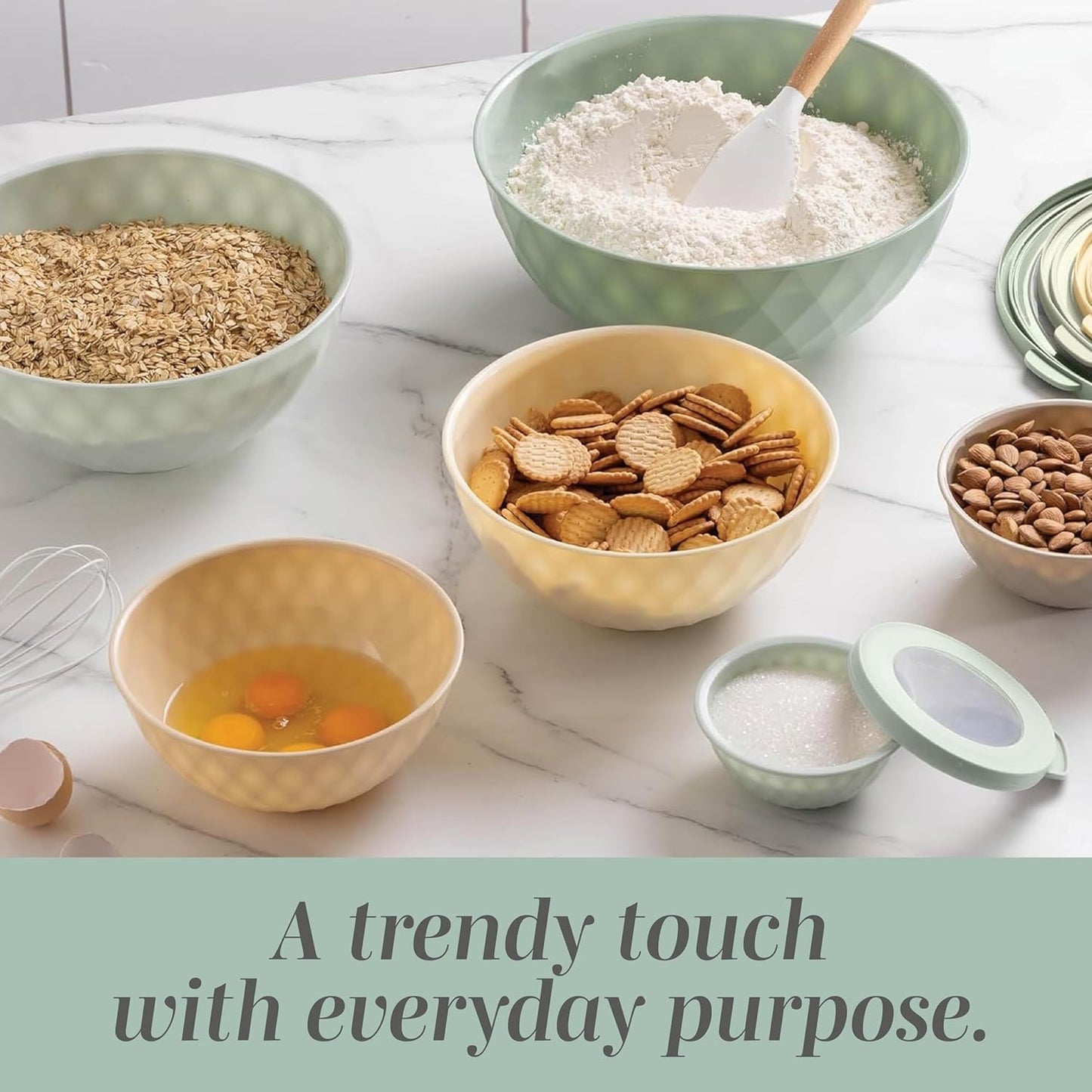 COOK WITH COLOR Mixing Bowls with TPR Lids - 12 Piece Plastic Nesting Bowls Set Includes 6 Prep Bowls and 6 Lids, Microwave Safe Mixing Bowl Set (Mint)