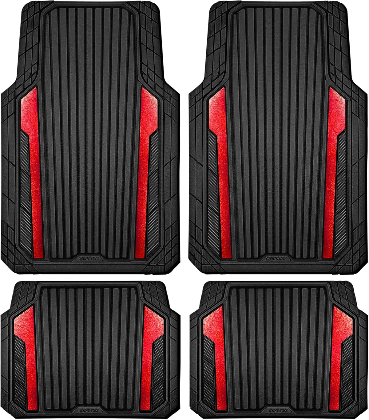 CAR PASS Heavy Duty Rubber Car Mats Metallic, Aluminum Film All Weather Floor Mats Waterproof Universal Trim to Fit Automotive SUV Sedan Van 4 Piece Anodized Deep Dish Two-Tone Sporty Black Red Chrome