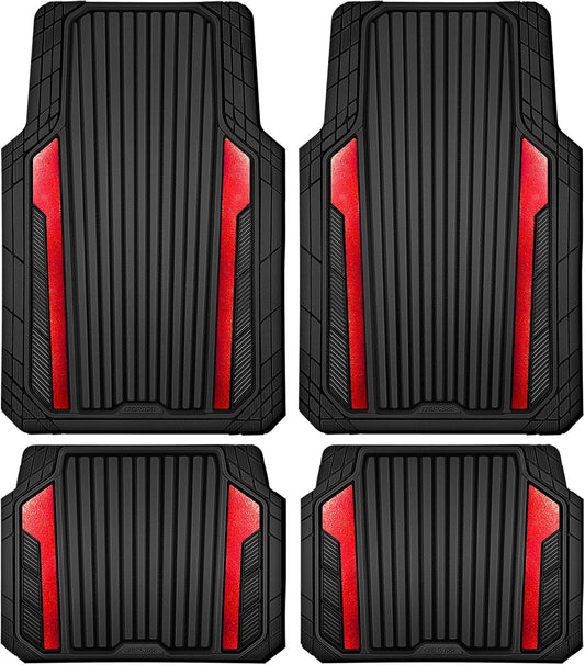 CAR PASS Heavy Duty Rubber Car Mats Metallic, Aluminum Film All Weather Floor Mats Waterproof Universal Trim to Fit Automotive SUV Sedan Van 4 Piece Anodized Deep Dish Two-Tone Sporty Black Red Chrome