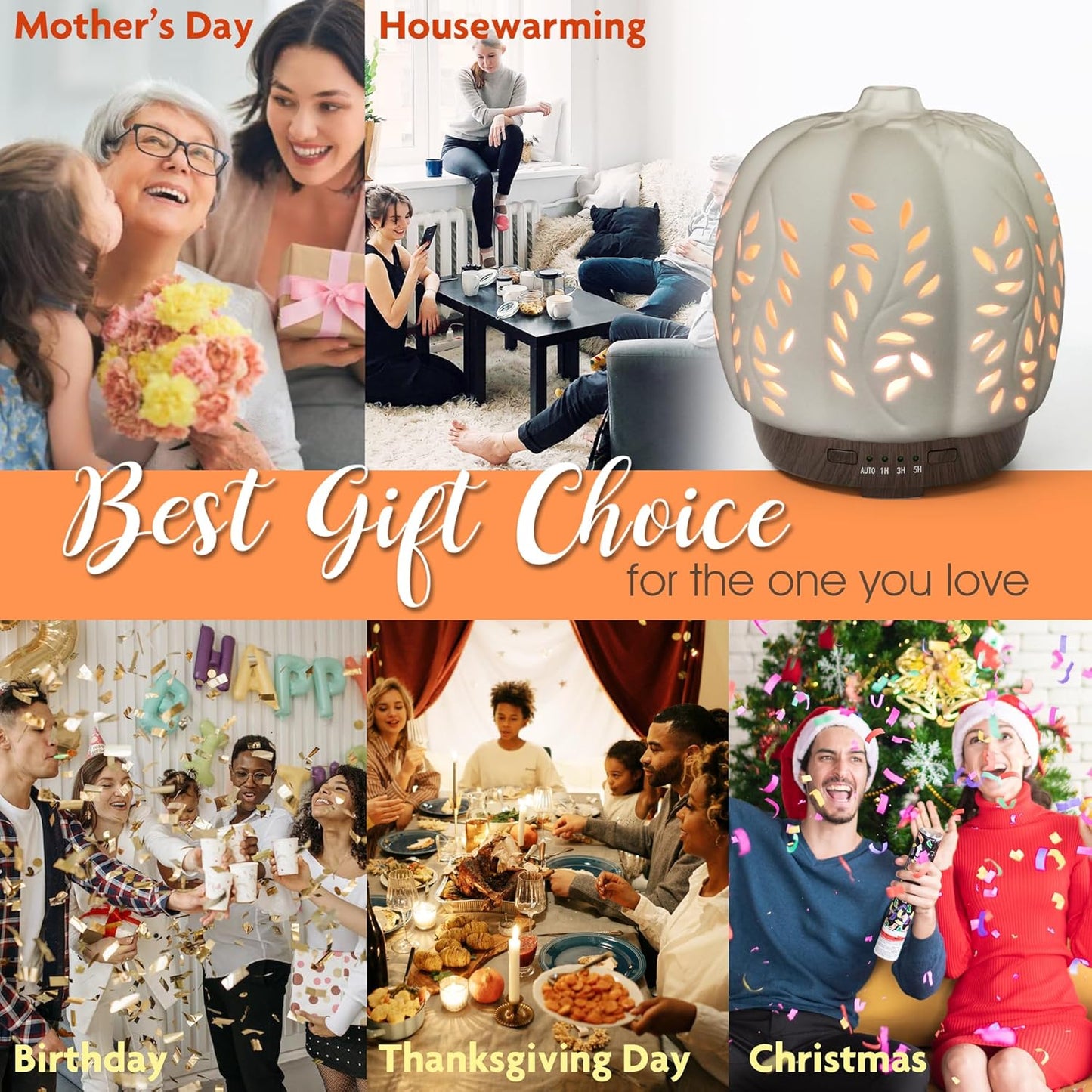 Earnest Living Essential Oil Diffuser White Pumpkin Ceramic Diffuser 250 ml Timers Night Lights and Auto Off Function Home Office Humidifier Aromatherapy Diffusers for Essential Oils Halloween