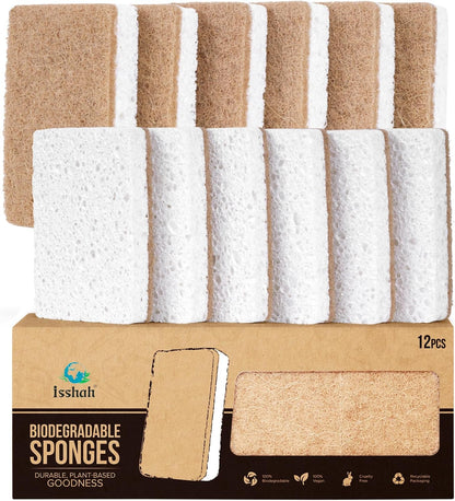 Isshah Plant-Based Kitchen Sponges - FSC Certified and PETA Approved, Natural, Eco-Friendly, Biodegradable Sisal Hemp Sponges for Dishes, Cleaning Sponge for Kitchen, Bathroom, Household - 12 Count