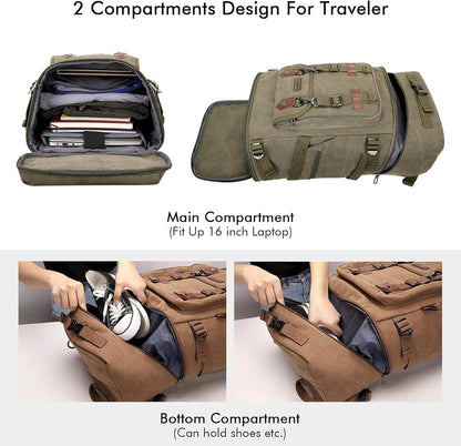 WITZMAN Travel Backpack for Men Women Canvas Backpack Carry on Luggage Rucksack Convertible Duffel Bag Large