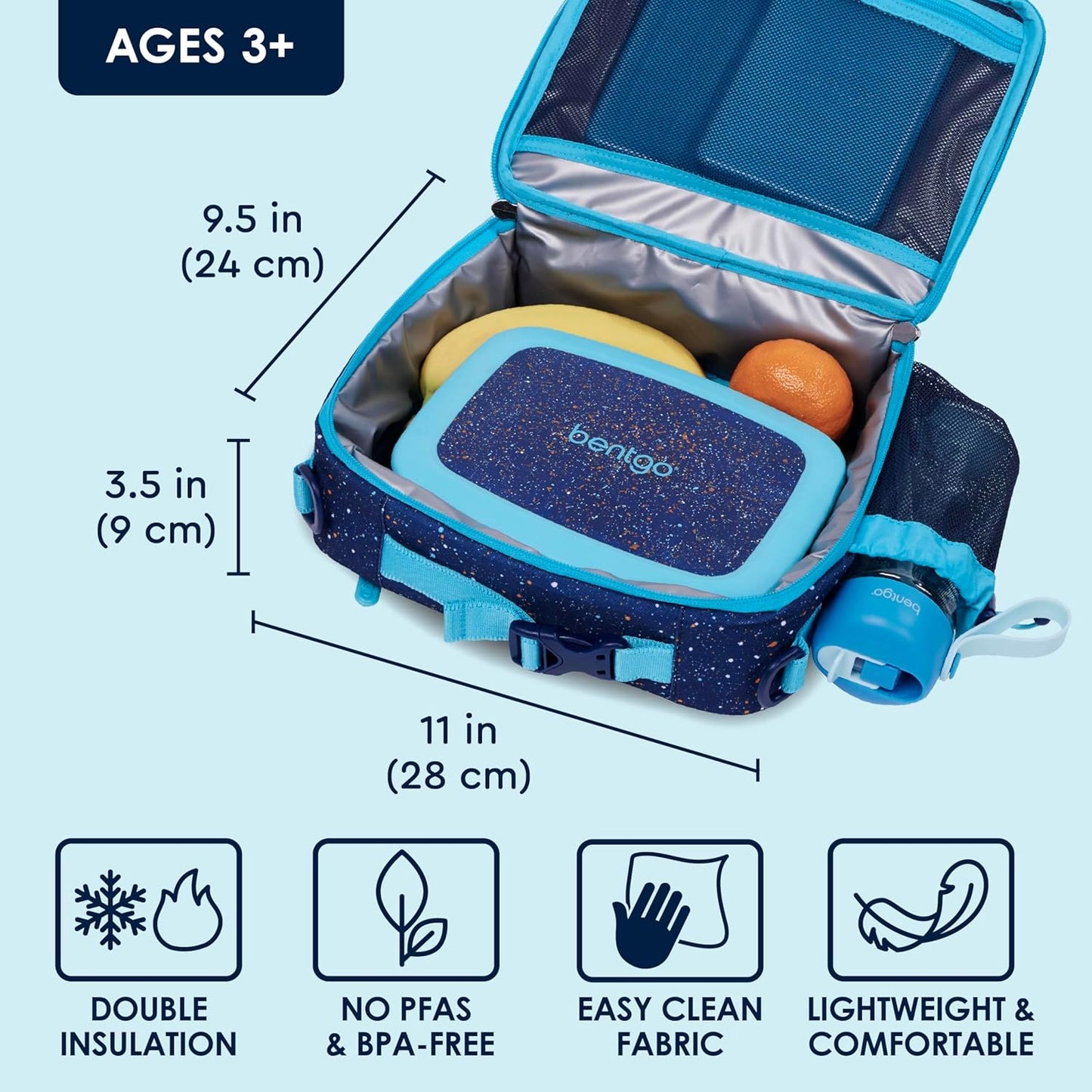 Bentgo® Kids Lunch Bag - Durable, Double Insulated, Water-Resistant Fabric, Interior & Exterior Zippered Pockets, Water Bottle Holder - Ideal for Children 3+ (Shark)