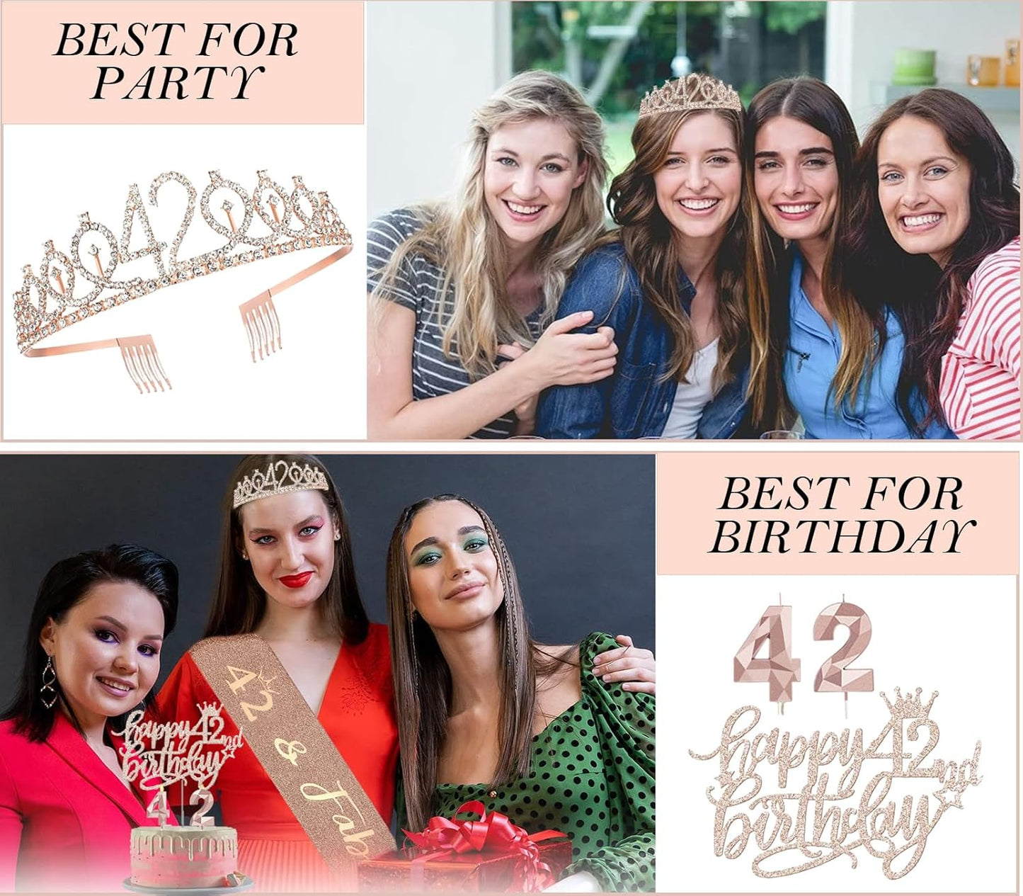 8pcs 40th Birthday Decorations gifts for Women, Including 40th Happy Birthday Cake Topper, Queen Sash with Pearl Pin, Sweet Rhinestone Tiara Crown for Women, Number Candles and Balloons (Rose Gold)