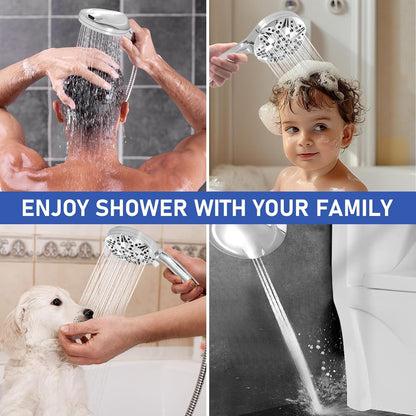 High Pressure Filtered Shower Head, Handheld Shower with 8-Mode Settings 2-Power Jet with Pause Switch, Ideal for Shower Cubicles, Tubs, and Pet Cleaning (Includes Hose & Bracket)