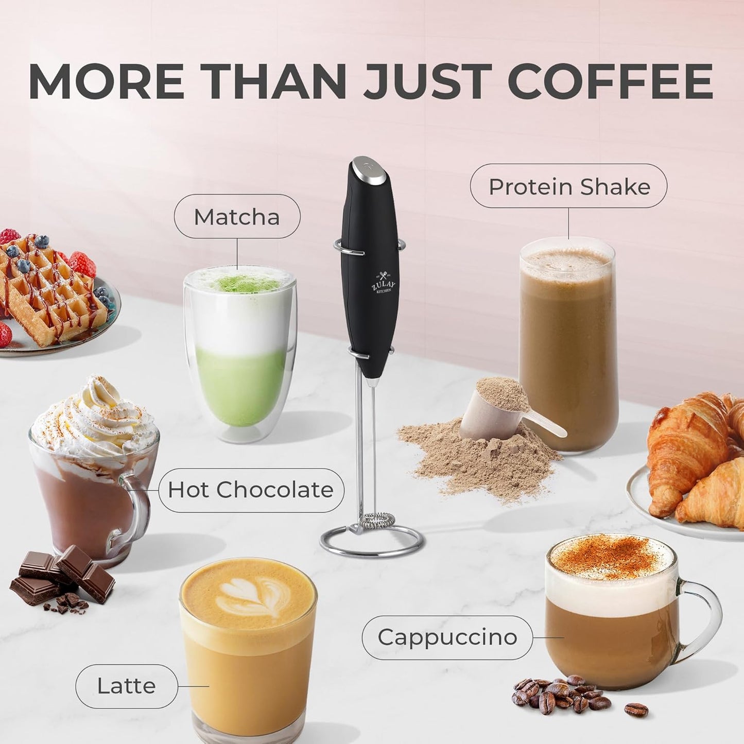 Zulay Kitchen Powerful Double Whisk Milk Frother Handheld - Foam Maker with Stand - Whisk Drink Mixer for Coffee, Mini Foamer for Latte, Matcha, Frappe, Hot Chocolate & Cappuccino (Black)