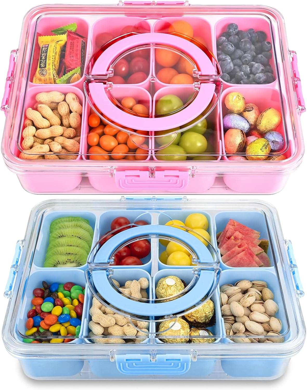 KIGITIONE Snackle Box, Pink 8 Compartments Portable Serving Tray, Divided Snackle Box Container with Lid and Handle, Snack Organizer for Fruits, Snacks, Nuts, Candy, Ideal for Party, Travel & Picnics