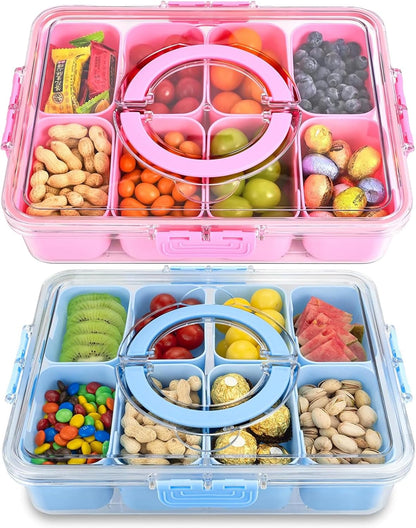 KIGITIONE Snackle Box, Pink 8 Compartments Portable Serving Tray, Divided Snackle Box Container with Lid and Handle, Snack Organizer for Fruits, Snacks, Nuts, Candy, Ideal for Party, Travel & Picnics