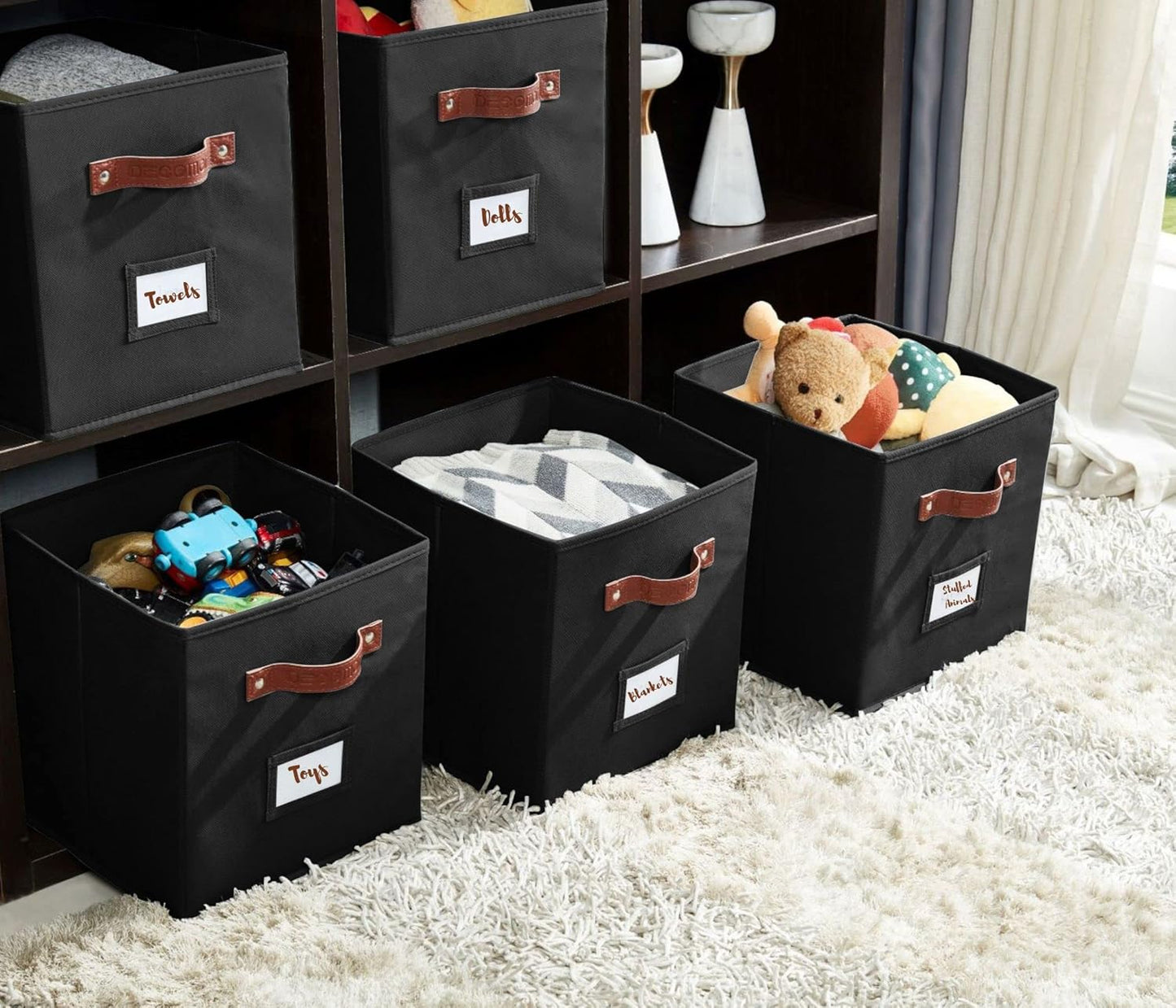 DECOMOMO Cube Storage Bin, Storage Cubes with Labels, Baskets for Shelves Kallax Linen Closet Organizers (Cube 10.5x11"/ 6pcs, Black)