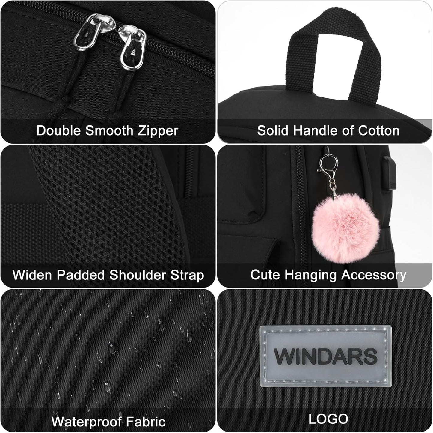 WINDARS Backpacks for Girls, 15.6 Inch School Bag Cute Waterproof laptop Bookbag Large College Backpack for Teen Women Students Anti Theft Travel Daypack Black