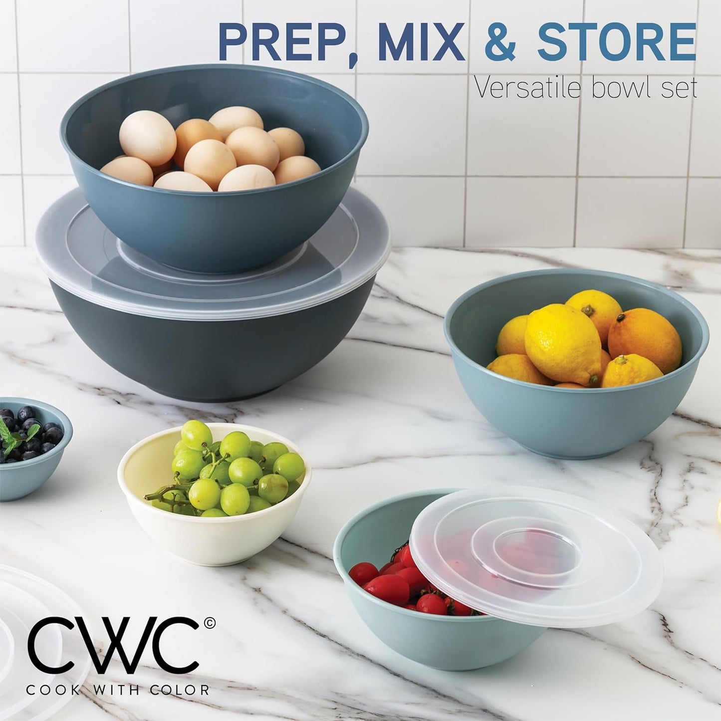 COOK WITH COLOR Mixing Bowls with TPR Lids - 12 Piece Plastic Nesting Bowls Set Includes 6 Prep Bowls and 6 Lids, Microwave Safe Mixing Bowl Set (Mint)