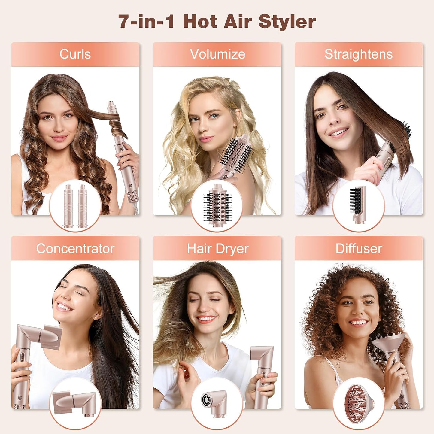 7MAGIC 7 in 1 Hair Styler & Hair Dryer Brush,110,000 RPM High-Speed Negative Ionic Hot Air Styler, 1400W Powerful Blow Dryer Brush & Multi-Style for Straight,Wavy, Curly, and Coily Hair, Pink