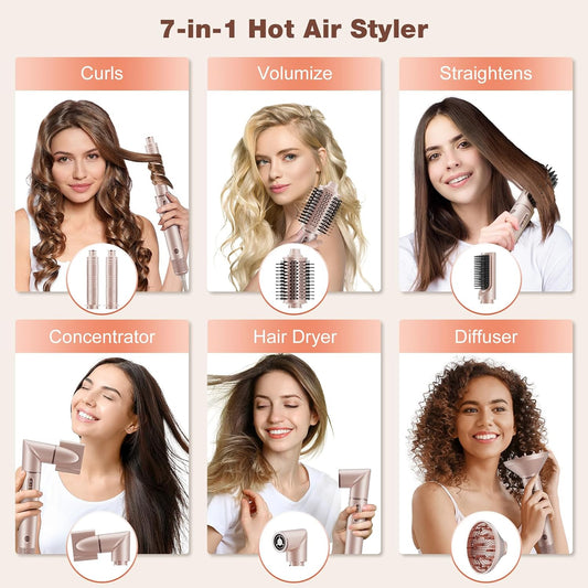 7MAGIC 7 in 1 Hair Styler & Hair Dryer Brush,110,000 RPM High-Speed Negative Ionic Hot Air Styler, 1400W Powerful Blow Dryer Brush & Multi-Style for Straight,Wavy, Curly, and Coily Hair, Pink