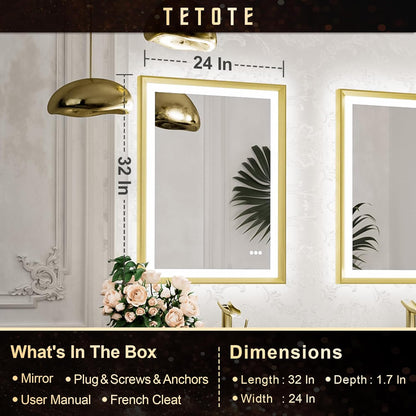 TETOTE 28x36 LED Mirror for Bathroom Black Metal Frame Frontlit & Backlit Lighted Vanity Mirror Baroque Gothic Anti Fog Stepless Dimmable White/Warm/Natural,Wall Mounted(Horizontal/Vertical)