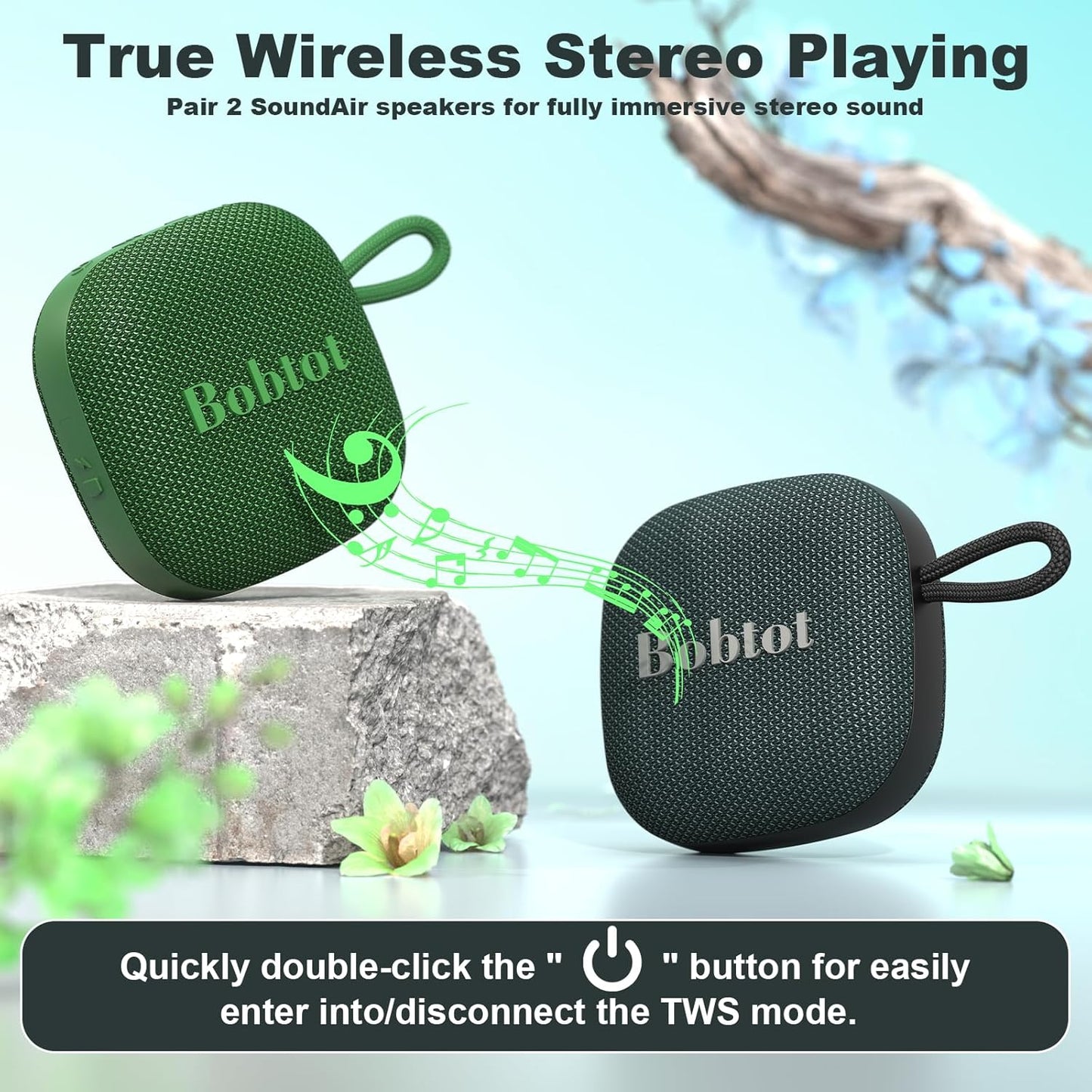 Bobtot Portable Bluetooth Speakers Wireless - IPX7 Waterproof Mini Shower Speaker with 16 Hours Playtime, Loud Stereo Sound, Rich Bass, TWS, Built-in Mic, Small Size for Travel Sport, Green