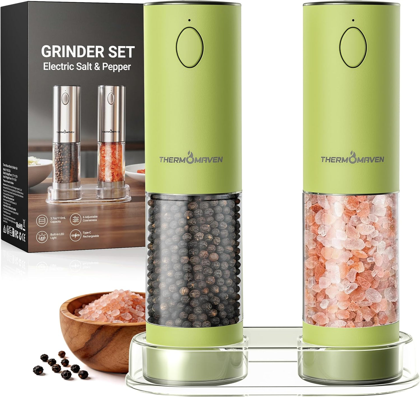 ThermoMaven Electric Salt and Pepper Grinder Set, 110ml Larger Rechargeable Automatic Salt and Pepper Mill Grinder with 6 Adjustable Coarseness, Electric Salt and Pepper Shakers, LED, 2 Packs, Silver