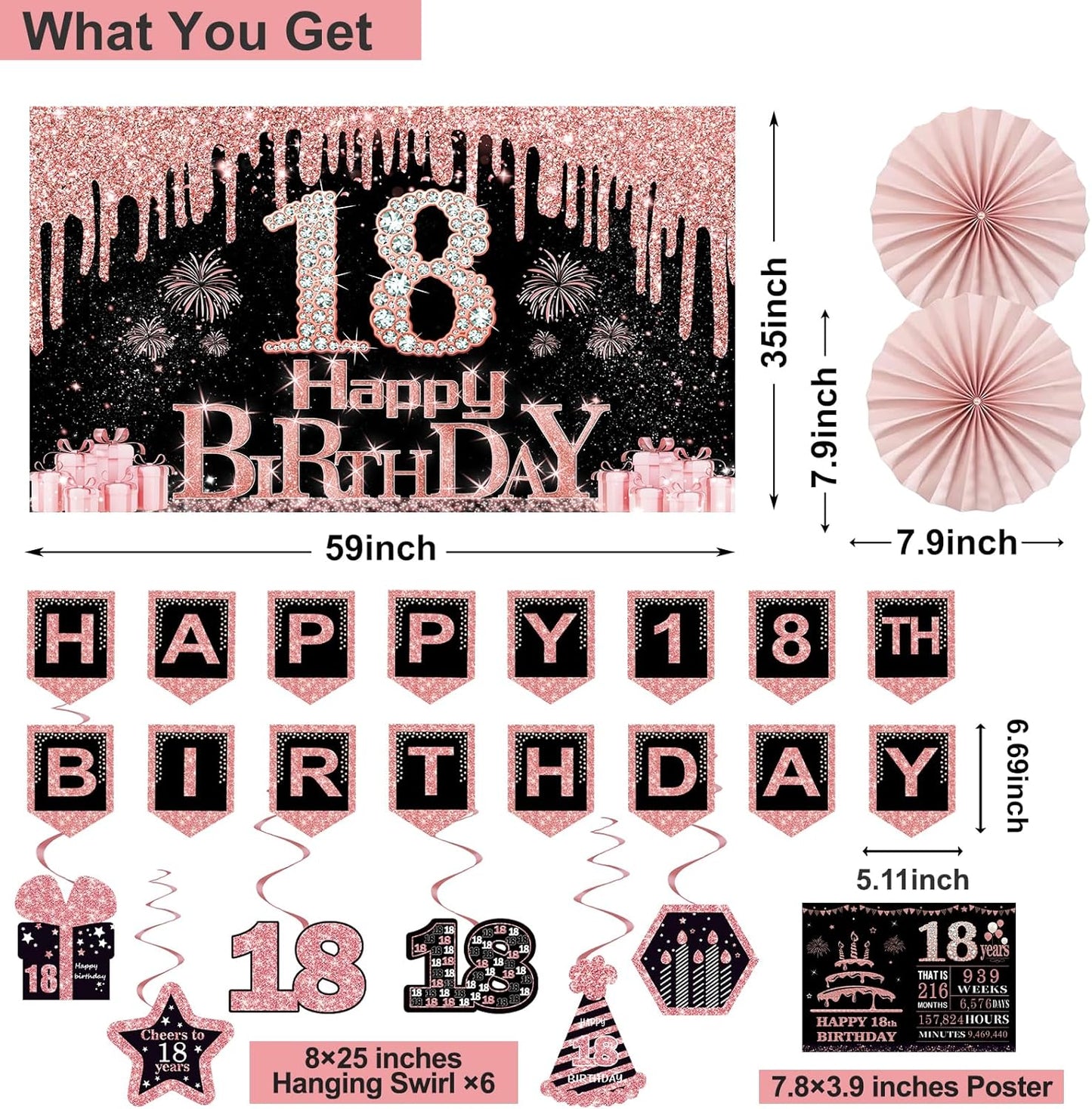 40th Birthday Decorations for Women,32pcs 40th Birthday Party Decorations,Including Backdrop, Crown,Sash,banner, Hanging Swirl,Cake Topper,balloons,Paper Fans,Anniversary Card and paper fans