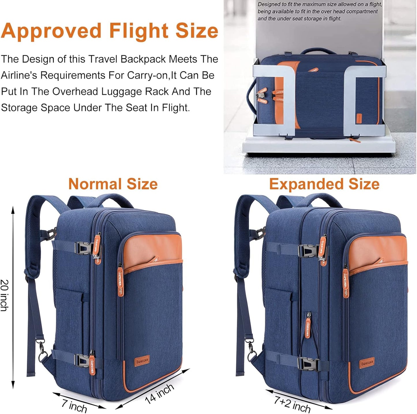 Lumesner Carry on Backpack, Extra Large 40L Flight Approved Travel Backpack for Men & Women