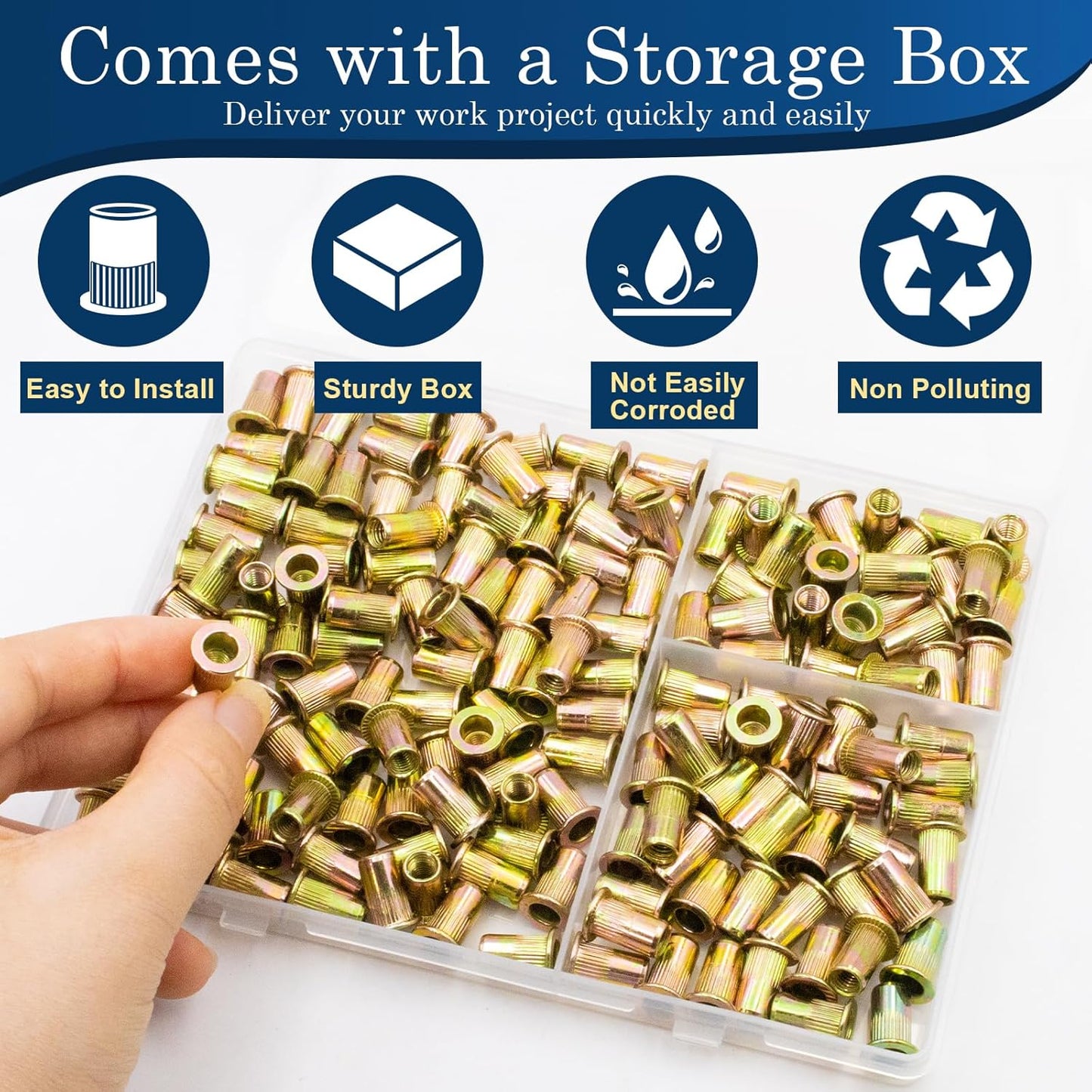 Vifmy Metric & SAE Rivet Nut Assortment Kit(420 Pcs),m3 m4 m5 m6 m8 m10 m12#6-32#8-32#10-24 1/4"-20 5/16"-18 3/8"-16 UNC Flat Head Rivnut Set,Zinc Plated Finish Carbon Steel Nutsert