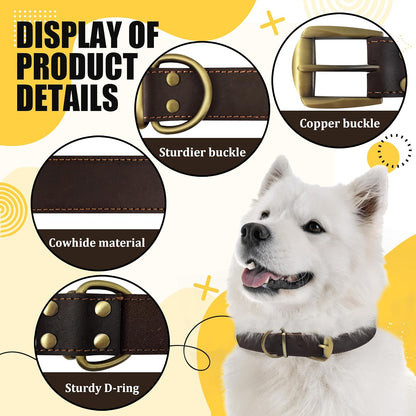 QRDA Leather Dog Collar Brown Dog Training Collar Heavy Duty Premium Leather Dog Collar Dog Collars for Medium/Large Dogs