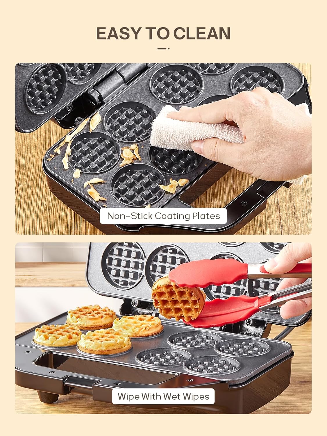 Waffle Maker, Reemix Multi Mini Waffle Iron Bake 8 x 1.8 Inch Small Waffles, Nonstick Waffle Iron with Quick Heat-Up, Simple & Easy Tiny Chaffle Baker for Home & Restaurants, Small Bites for Kids - PuriLite