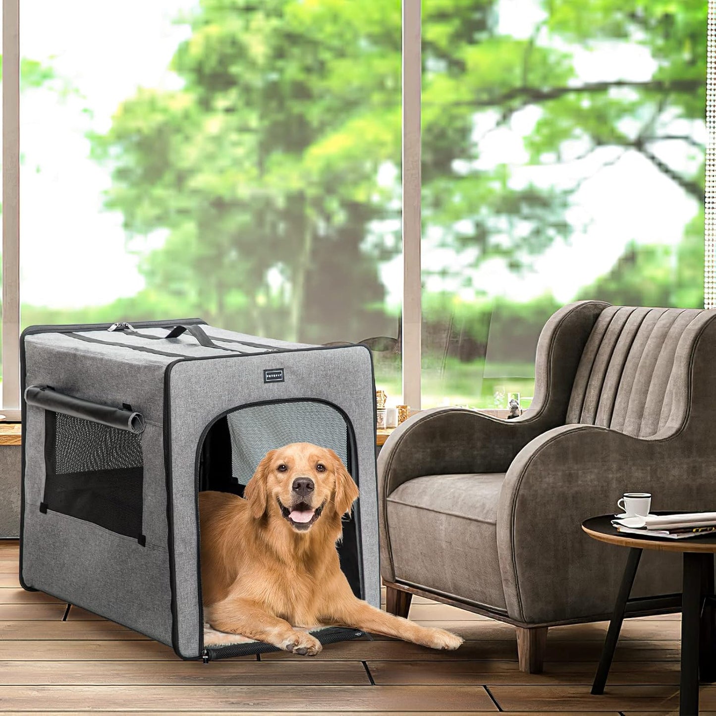 PETSFIT Soft Sided Dog Crate, Travel Dog Crate - 19 Inch Lightweight, Roomy, Easy to Set Up, Sturdy Portable Dog Kennel with Thick Mat, Navy Blue