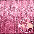 BRAVESHINE Pink Glitter Tinsel Foil Fringe Curtain - 2 Pcs 3.2x8.2 ft Metallic Party Supplies Photo Backdrop for Girl Princess Birthday Unicorn Bachelorette Butterfly Bridal Shower Party Decorations