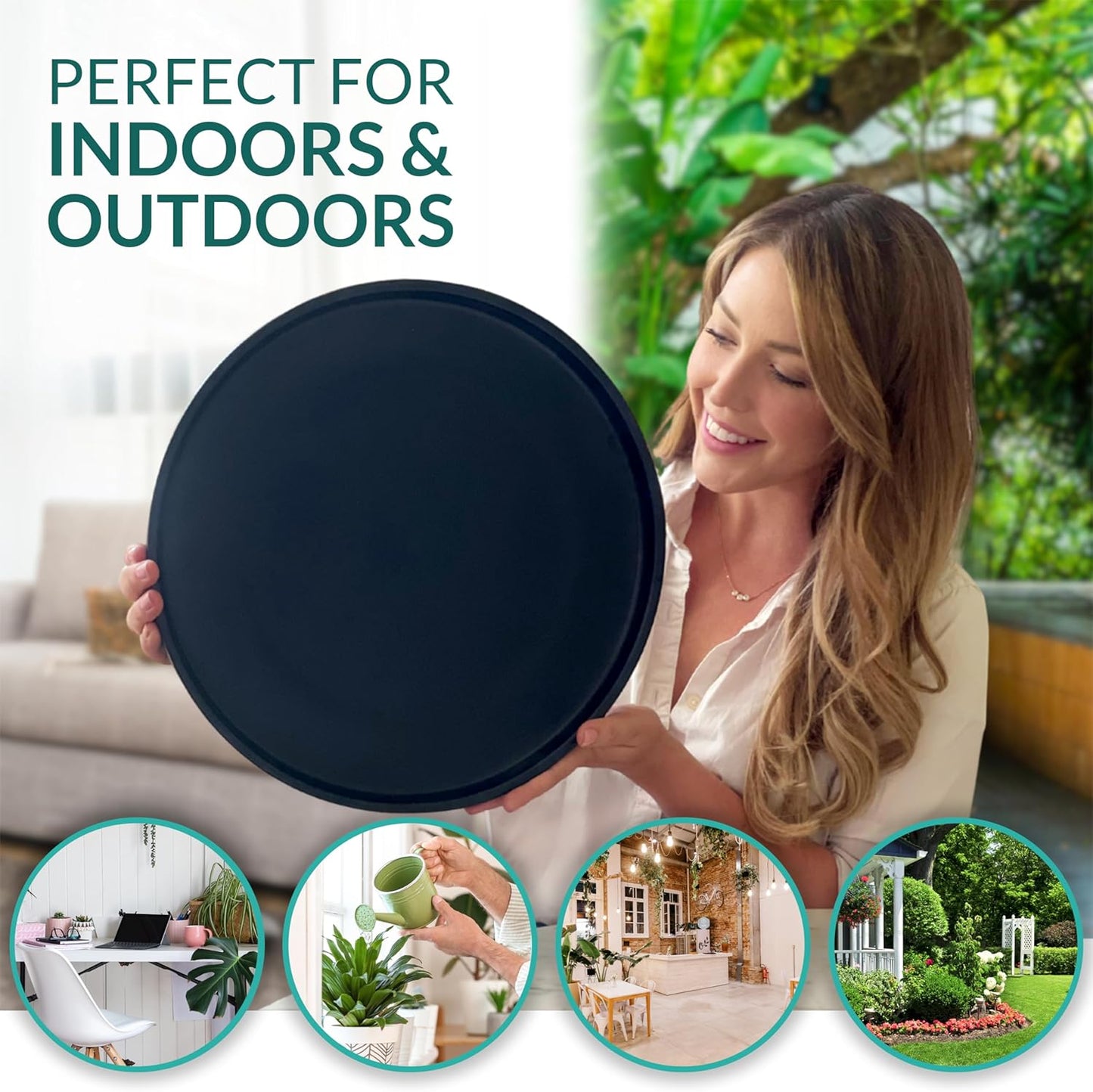 Heavy Duty Ceramic Black Plant Saucer - with Silicone Feet for Added Surface Protection - Scratch-Resistant Plant Drip Trays for Pots 8.3" at the Base or Less, Plant Plate, 7-8 Inch Plant Saucer
