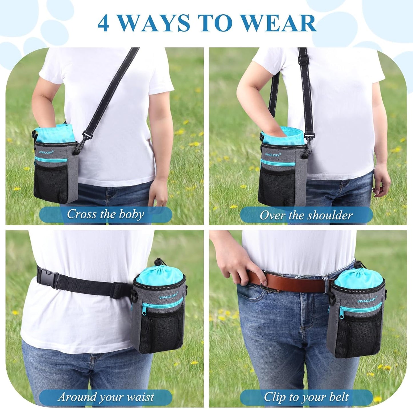 VIVAGLORY Dog Training Treat Pouch, 4Ways to Wear Dog Treat Bags, Built in Dog Waste Bag Dispenser Treats Training Bags with Reflective Adjustable Shoulder Strap, Heather Black