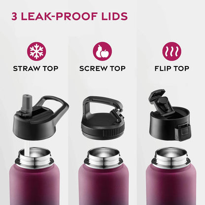 FineDine Water Bottle - Stainless Steel Insulated Water Bottle with Straw Lid, Flip Lid & Wide-Mouth Cap - Keeps Hot and Cold - 25 Oz / 739ml - Pure Pearly White