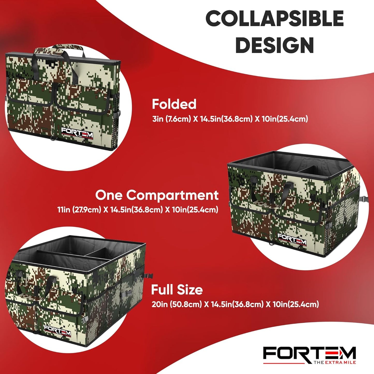 FORTEM Car Trunk Organizer, Collapsible Multi Compartment Car Organizer, Foldable SUV Storage for Car Accessories for Women Men, Non Slip Bottom, Securing Straps, Soft Cover 50L (Black, Standard)