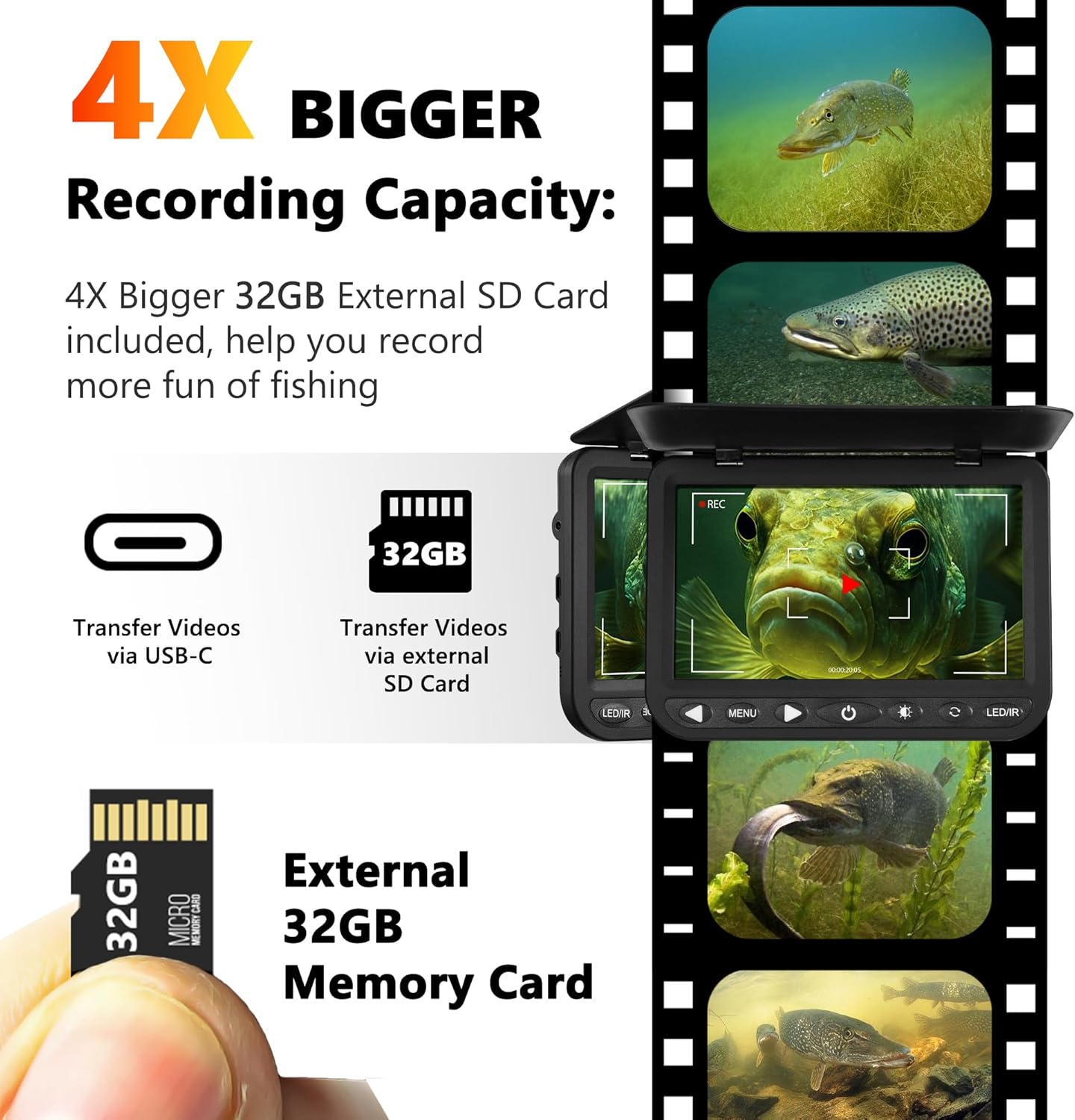 FishPRO [2024 Upgrade] 7'' Underwater Fishing Camera [HD 1080P] w/DVR -32GB, [Easy Plug & Play] Ice Fishing Camera Underwater, 10,000mAh, USB-C, IR & LED for Dark, Portable Ice Fishing Fish Finder