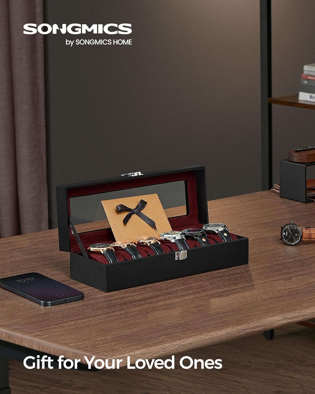 SONGMICS Watch Box, 6-Slot Watch Case, Watch Box Organizer, Black Synthetic Leather, Greenish Gray Lining UJWB06BK